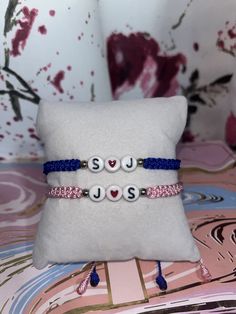 "Couple Initials Bracelet 🫶🏻 ~ Perfect for you and your love partner to show off your love and have each others initials with you on your arm.❣️~ Makes a cute gift for that special someone and be matching as well.😉 In the \" personalization box \" write the initials, the color you'd like and the bead you'd like for each bracelet.  For example:  \" blue s & j w/ gold beads \" \" baby pink j & s w/ silver beads \"" Matching Initial Bracelets, Initial Bracelet Couples, Initials Bracelet, Couple Initials, Love Partner, Bracelets Adjustable, Custom Bracelet, Couple Bracelets, Initial Bracelet