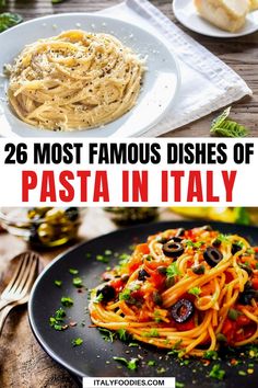 pasta with sauce and olives on the side is featured in this postcard for 25 most famous dishes of pasta in italy