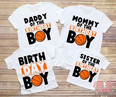 two shirts that say,'mommy of the birthday boy and sister of the basketball player