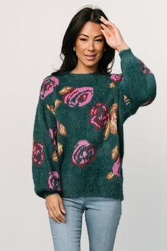 Ryder Sweater | Jade Multi Floral | Baltic Born Trendy Winter Floral Print Tops, Trendy Floral Print Tops For Winter, Winter Green Floral Print Sweater, Floral Print Fall Sweater, Trendy Multicolor Floral Print Sweater, Winter Stretch Floral Print Tops, Green Floral Print Fall Tops, Green Floral Print Tops For Fall, Green Jacquard Knit Sweater