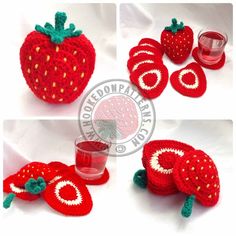 crocheted strawberries and glasses are shown in three different pictures