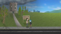 two people standing in front of a sign that says addon university on the street