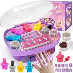 PRICES MAY VARY. Nail Kit for Beginners with Everything: This is a cute nail polish set purplewith a lot of nail accessories, including colorful nail dryer, nail polish, false nails, glitter, toe separator, nail file and brush. The abundant nail polish kits make your little girl feel like a professional nail technician. Your kids will not wait to use girl toys age 6-8 years old to unleash their creativity, decorate their kids nails and happily share their beautiful nail art with friends. Safe & Girl Salon, Nail Care Kit, Kids Nails, Kids Spa Party, Nail Polish Dryer, Water Based Nail Polish, Cute Nail Polish, Kids Spa, Art Kits For Kids