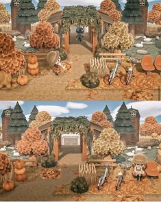 two pictures of an outdoor area with pumpkins and mushrooms