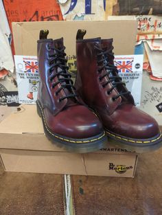 This is a Dr Martens boot that's no longer in production. They were made around 2006/07 and are Made in Asia. They are a rare style. The boot is the classic 8 hole version and finished in a lovely Cherry Rub off leather.  It has distinctive writing down the sides of each foot  The leather is a nice finish and dark and neutral. We have sizes 6/39 and 7/41 available. Cherry Logo, Dr. Martens Boots, Dr. Martens, Boot Shoes Women, Womens Boots, Shoe Boots, Bathing Beauties, Women Shoes, Boots