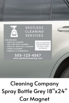 A modern and professional 18"x24" car magnet for a cleaning company or house cleaning service. Designed to help you grow your business by strengthening your company branding and attracting new customers. It features a simple and minimalist design with a spray bottle graphic on a grey background. The text templates are easily customised to suit the marketing requirements of your cleaning business. Car Magnets