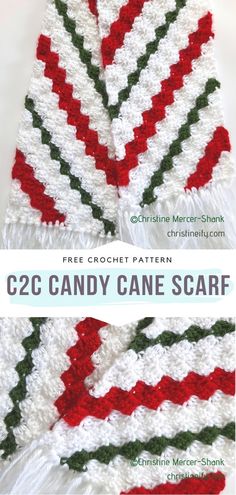 crocheted candy cane scarf is shown in three different colors