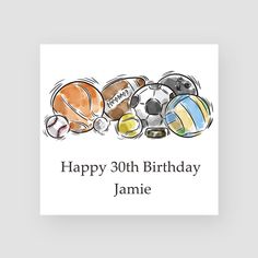 a happy 18th birthday card with different sports balls and the words, happy 18th birthday jack