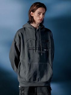 This is vintage mood hoodie featuring pigment washing and raw edge applique. Cut from weighty 400g cotton, it has drop shoulder lines and comfortable oversized fit.  - Drawstring hooded neck- Raw edge applique and embroidery on front- Front kangaroo pocket- Drop shoulder- Ribbed cuffs and hem- Pigment washing- Double stitching and herringbone tape finish at neckline- Oversized fit- Unisex wear Distressed Washed Black Cotton Hoodie, Distressed Washed Black Hoodie Relaxed Fit, Distressed Washed Black Hoodie In Relaxed Fit, Washed Black Distressed Hoodie Relaxed Fit, Distressed Cotton Sweatshirt In Washed Black, Acid Wash Vintage Sweatshirt With Drawstring Hood, Vintage Acid Wash Sweatshirt With Drawstring Hood, Distressed Washed Black Hooded Sweatshirt, Distressed Oversized Vintage Hoodie