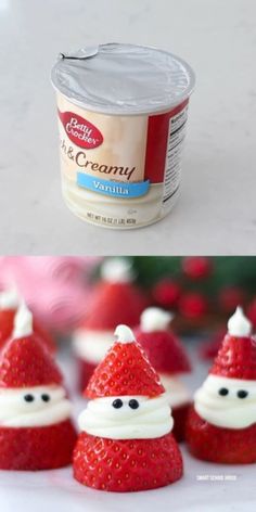 some strawberries are in the shape of santa hats and one is filled with yogurt