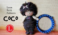 a knitted doll standing next to a blue frame with the word loom knit pattern coco on it