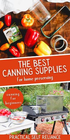 the best canning supplies for home preservers by practical self reliance book cover with vegetables and cooking utensils