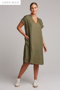 Studio Dress - Khaki - eb&ive Clothing - Dress Mid Linen Short Sleeve Shift Dress, Dress Design Patterns, Shift Dresses, Khaki Dress, Cuffed Shorts, Mid Dresses, 50 Fashion, Linen Dress, Craft Room