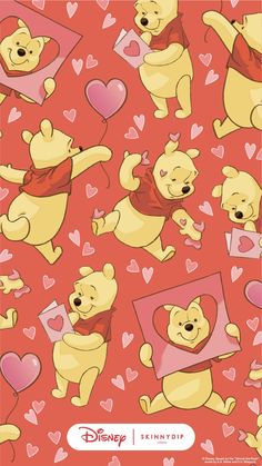 winnie the pooh wallpaper with hearts and other cartoon characters on red background, including two