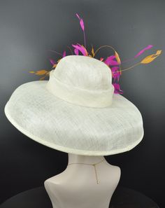 Audrey Hepburn Style Dome Hat Kentucky Derby Hat Tea Party Carriage Party Wide Brim Sinamay Hat Ivory/off White W Hot Pink Orange - Etsy Chic Cream Boater Hat For Garden Party, Elegant White Brimmed Panama Hat, Cream Boater Hat With Flat Brim For Garden Party, Cream Flat Brim Straw Hat For Garden Party, Beige Boater Hat For Garden Party, Cream Fascinator With Short Brim For Garden Party, Cream Brimmed Mini Hats For Formal Occasions, White Fitted High Crown Hat, Formal Cream Brimmed Mini Hats