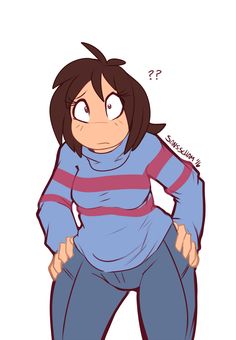 an anime character with her hands on her hips, wearing blue pants and a striped shirt