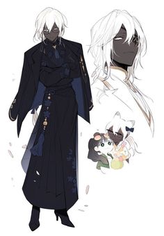 two anime characters with long white hair and black clothes, one is holding a cat