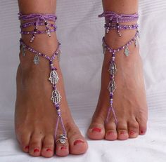 This listing is for a PAIR of barefoot sandals and ONE toe ring. If you are interested in the sandals (picture 2), please convo me for availability and prices. Beautiful and unique barefoot sandals with a ethnic vibration. They look great as necklace or on the hands too :) Handmade crochet with love and care using waxed polyester cord, tibetan silver hamsa hand connectors and charms, glass beads and silver beads. The lace is long enough to wrap it 2 times around the leg. Each end of the string i Handmade Adjustable Toe Ring Anklets, Handmade Toe Ring Barefoot Sandals For Party, Adjustable Bohemian Barefoot Sandals With Toe Loop, Handmade Open Toe Barefoot Sandals As Gift, Handmade Open Toe Barefoot Sandals For Gift, Adjustable Bohemian Barefoot Sandals For Party, Handmade Hippie Toe Ring Anklets, Handmade Barefoot Sandals With Ankle Wrap, Handmade Toe Loop Barefoot Sandals For Vacation