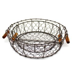 a wire basket with orange handles on a white background