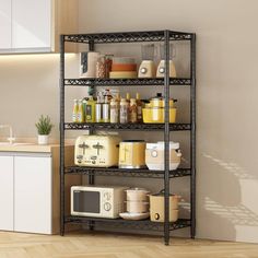 a metal shelf filled with lots of kitchen items