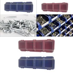 several different types of screws in plastic containers