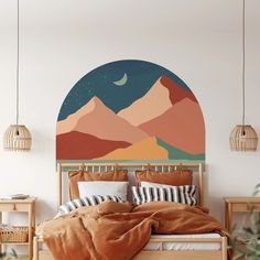 a bed sitting under a painting on top of a wooden headboard in a bedroom