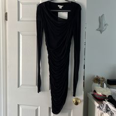 Helmut Lang Soft Cotton Long Sleeve Dress Black Draped Midi Dress For Fall, Black Draped Dress For Work, Black Draped Dress For Fall, Black Draped Dress For Spring, Black Draped Mini Dress For Spring, Long Sleeve Cotton Dress, Helmut Lang, Sleeve Dress, Long Dress