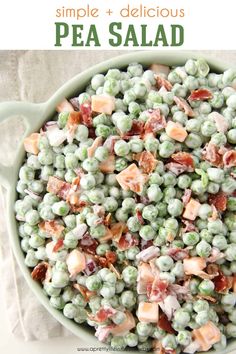 a green bowl filled with peas and bacon