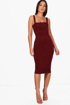 Boohoo Cotton Square Neck Bodycon Midi Dress in Berry (Blue) Lyst