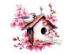 a bird is sitting on top of a birdhouse with pink flowers in the background