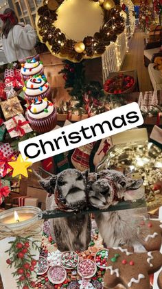 christmas collage with reindeers, cookies and other holiday decorations in the background text reads christmas