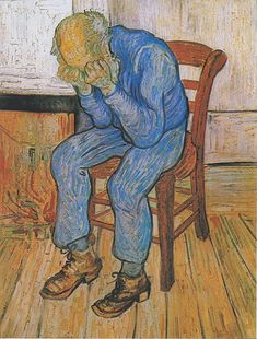 a painting of a man sitting on a chair with his head in his hands,