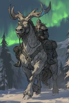 a man riding on the back of a white horse next to snow covered trees in front of an aurora bore