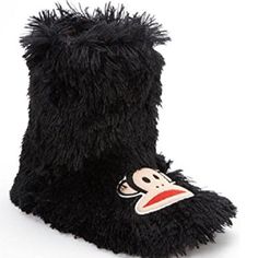 Paul Frank Black Shaggy Julius Boot Slippers. Plush Very Soft. Flat Black Winter Boots, Cute Black High-top Boots, Trendy Black Flat Boots, Black Non-slip Boots For Winter, Black Non-slip High-top Boots, Boot Slippers, Sock Monkeys, Paul Frank, Slip On Boots