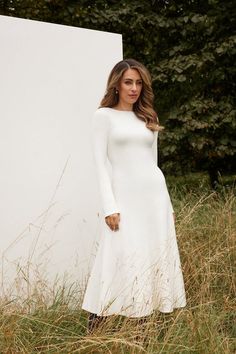 Lydia Millen Compact Knit Wool Look Full Skirt Midi Dress | Karen Millen Midi Dress Church, Elegant Long Sleeve Dresses Classy, Elegant Soft Outfits, White Knit Dress Outfit, White Long Sleeve Midi Dress, Long Sleeve White Midi Dress, Lydia Millen, Aw 2024, Lydia Elise Millen