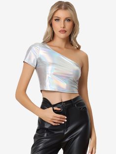 Shop Allegra K for one shoulder shinny holographic clubwear party metallic crop top you are looking for, get more women's blouses for yourelf. Order now! Free Returns! Shiny Crop Top, Romantic Frame, Metallic Crop Top, One Shoulder Crop Top, Blouse Short Sleeve, Metallic Fabric, Party Tops, Shoulder Crop Top, Casual Blouse