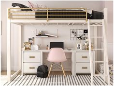 a white loft bed with a desk and chair in front of it, next to a black backpack