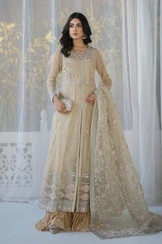 Maria B Skin Shade Embroidered Pakistani Party Wear Frock Dress Maria B Bridal, Party Wear Frocks, Pakistani Party Wear, Frock Dress, India Style, Maria B, Eid Dresses, Eid Collection, Suit Fabric