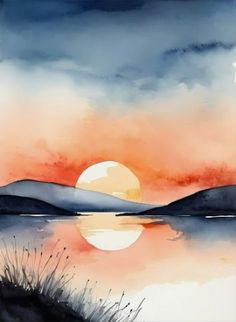 a watercolor painting of a sunset over a lake with mountains in the back ground