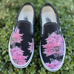 Cherry Blossom Vans. Custom Black Slip On Shoes.We source each pair of blank shoes brand new directly from Vans. The ink is permanent and will never come off. Made in the USA. This price includes everything: shoes, artwork, and shipping. Please message us with any questions!Sizes listed are in US sizing scale. If you have any issues with your order, please feel free to reach out to us and we will be more than glad to help you! Note: Blvd Custom is in no way affiliated with any of the shoe brands Shoes Artwork, Black Slip On Vans, Vans Custom, Slip On Vans, Halloween Shoes, Nike Converse, Black Slip On Shoes, Black Slip On, Men's Vans