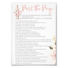 a pink and white print with the words pass the prige on it's side