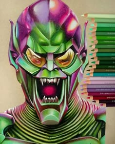 a drawing of a creature with colored pencils in it's mouth and eyes