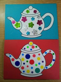 two cards with polka dots and a teapot painted on them, each one has different colors