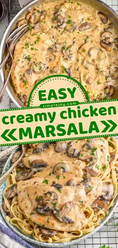 an easy creamy chicken and marsala recipe in a skillet with the title overlay