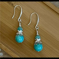 Cute Amazonite & Turquoise Dangling Earrings With 925 Silver French Wire Hooks. Earrings Are 1 7/8 Inches Long. Turquoise Dangle Jewelry In Sterling Silver, Turquoise Sterling Silver Dangle Jewelry, Nickel-free Turquoise Sterling Silver Jewelry, Turquoise Sterling Silver Jewelry With Matching Earrings, Sterling Silver Turquoise Jewelry With Matching Earrings, Turquoise Sterling Silver Pierced Jewelry, Pierced Turquoise Sterling Silver Jewelry, Hypoallergenic Turquoise Sterling Silver Jewelry, String Earrings