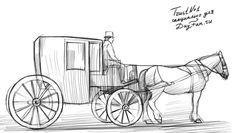 a drawing of a horse drawn carriage with a man sitting on it's back