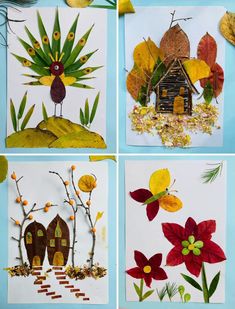 four different pictures with leaves and flowers on them, one has a house in the middle