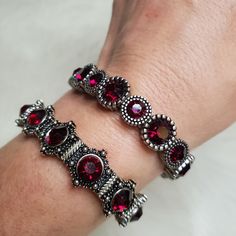 New Dark Garnet Red Gemstone Bracelet Set ! Beautiful Stretch To Fit Any Size ! Silver Crystal Metal Bracelet With Stones, Silver Metal Crystal Bracelet With Stones, Red Metal Crystal Bracelet Gift, Red Jeweled Bracelets As Gift, Red Bangle Jewelry With Jewels, Red Jeweled Bracelets For Gift, Red Ruby Bracelets For Jewelry Making, Adjustable Silver Ruby Bracelet, Silver Ruby Bracelet With Adjustable Fit