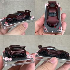 three pictures of a toy car being held by someone's hand in front of them