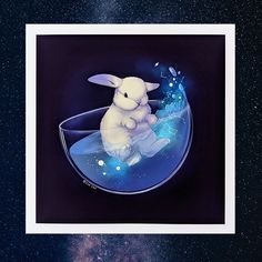 a painting of a white rabbit sitting in a glass bowl filled with water and stars